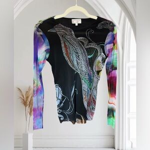 PETIT POIS VIVIANA G Y2K Mesh Sheer Nylon Bird Print Colorful Fitted Top M